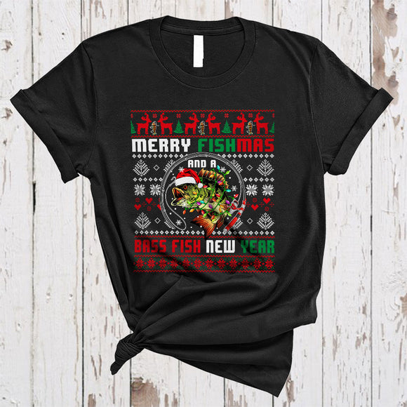 MacnyStore - Merry Fishmas And A Bass Fish New Year, Humorous Cool Christmas Sweater Animal, Pajamas Family T-Shirt