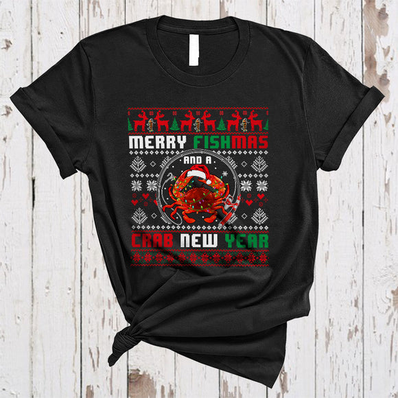 MacnyStore - Merry Fishmas And A Crab New Year, Humorous Cool Christmas Sweater Animal, Pajamas Family T-Shirt
