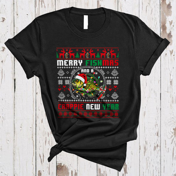 MacnyStore - Merry Fishmas And A Crappie New Year, Humorous Cool Christmas Sweater Animal, Pajamas Family T-Shirt