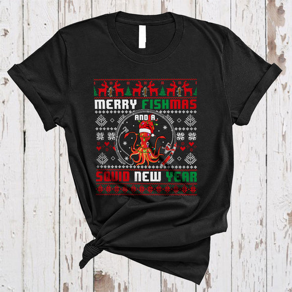MacnyStore - Merry Fishmas And A Squid New Year, Humorous Cool Christmas Sweater Animal, Pajamas Family T-Shirt