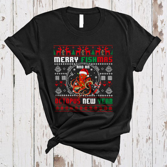 MacnyStore - Merry Fishmas And An Octopus New Year, Humorous Cool Christmas Sweater Animal, Pajamas Family T-Shirt