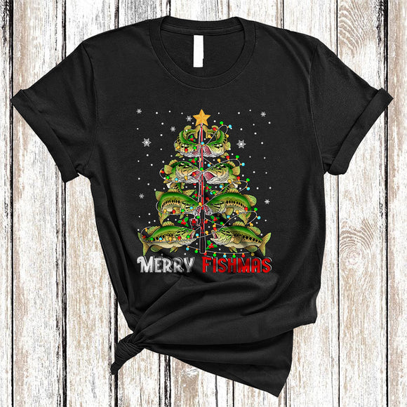 MacnyStore - Merry Fishmas, Cheerful Santa Bass Fish Christmas Tree, Animal Lover Matching X-mas Lights T-Shirt