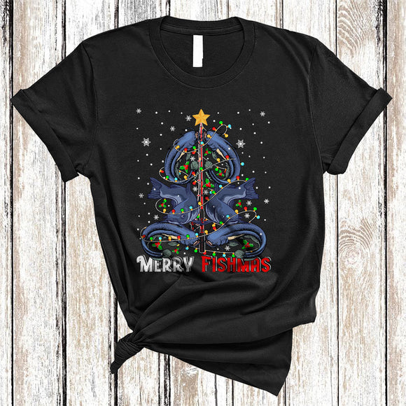MacnyStore - Merry Fishmas, Cheerful Santa Catfish Christmas Tree, Animal Lover Matching X-mas Lights T-Shirt