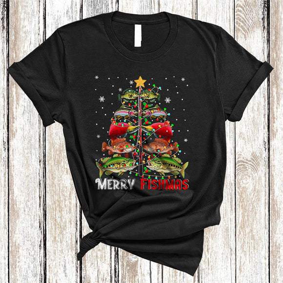MacnyStore - Merry Fishmas, Cheerful Santa Fishes Christmas Tree, Animal Lover Matching X-mas Lights T-Shirt