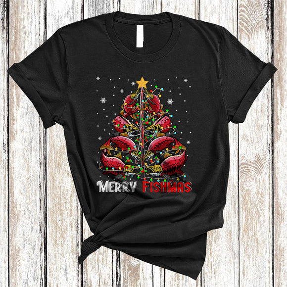 MacnyStore - Merry Fishmas, Cheerful Santa Salmon Christmas Tree, Animal Lover Matching X-mas Lights T-Shirt