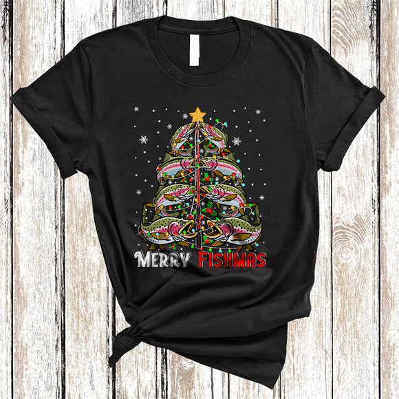 MacnyStore - Merry Fishmas, Cheerful Santa Trout Fish Christmas Tree, Animal Lover Matching X-mas Lights T-Shirt