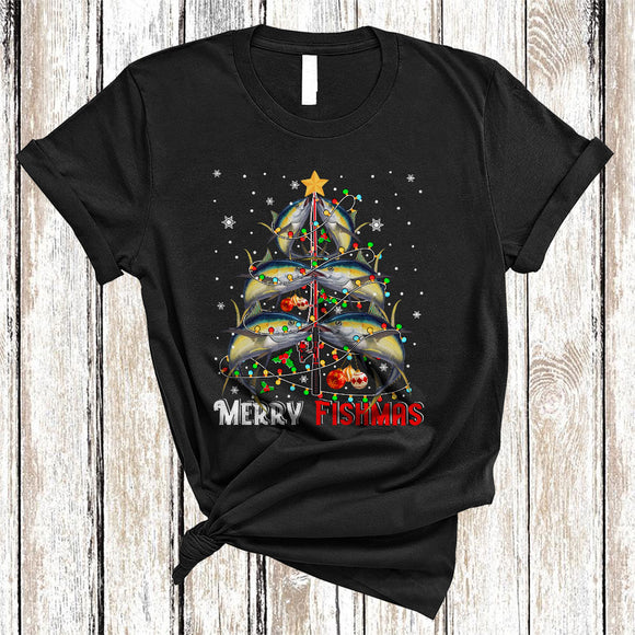 MacnyStore - Merry Fishmas, Cheerful Santa Tuna Christmas Tree, Animal Lover Matching X-mas Lights T-Shirt