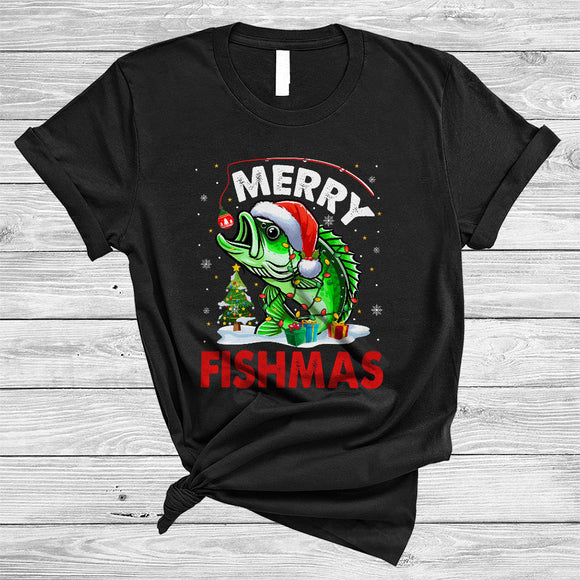 MacnyStore - Merry Fishmas, Humorous Christmas Santa Fish, Matching Fishing Lover X-mas Snow Around T-Shirt