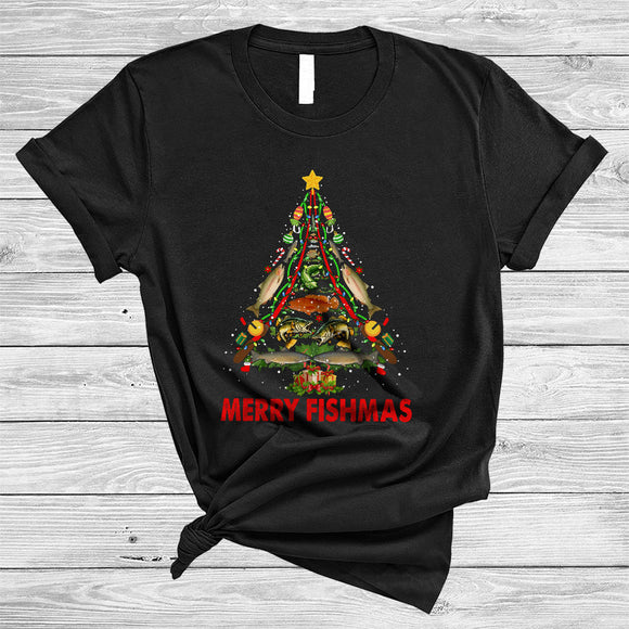 MacnyStore - Merry Fishmas, Humorous Christmas Tree Fish Fishing Rod, Matching X-mas Fishing Group T-Shirt