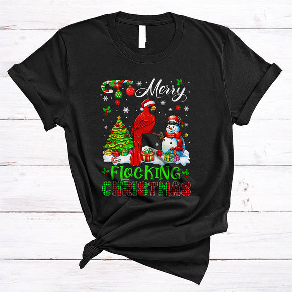 MacnyStore - Merry Flocking Christmas, Colorful Plaid X-mas Santa Cardinal Bird, Christmas Tree Snowman T-Shirt