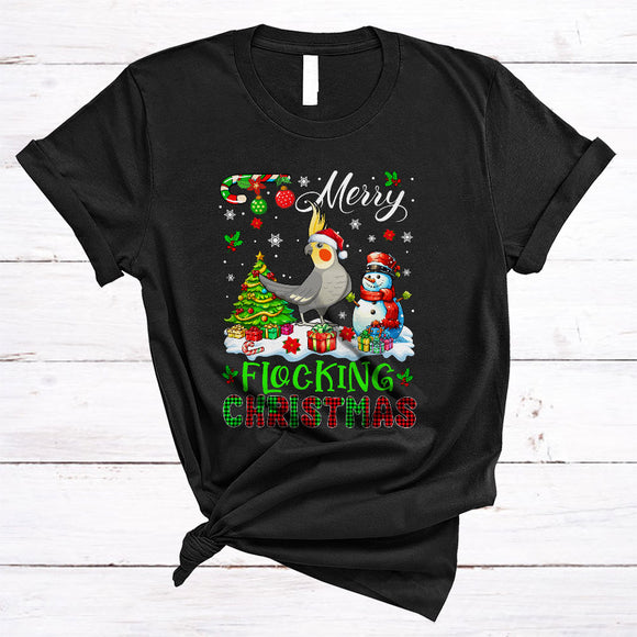 MacnyStore - Merry Flocking Christmas, Colorful Plaid X-mas Santa Cockatiel, Christmas Tree Snowman T-Shirt