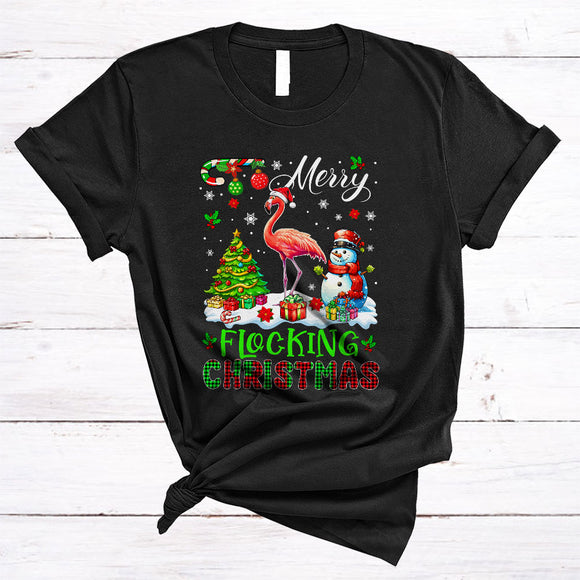 MacnyStore - Merry Flocking Christmas, Colorful Plaid X-mas Santa Flamingo, Christmas Tree Snowman T-Shirt
