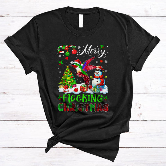 MacnyStore - Merry Flocking Christmas, Colorful Plaid X-mas Santa Hummingbird, Christmas Tree Snowman T-Shirt