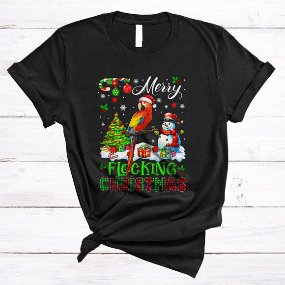 MacnyStore - Merry Flocking Christmas, Colorful Plaid X-mas Santa Macaw, Christmas Tree Snowman T-Shirt