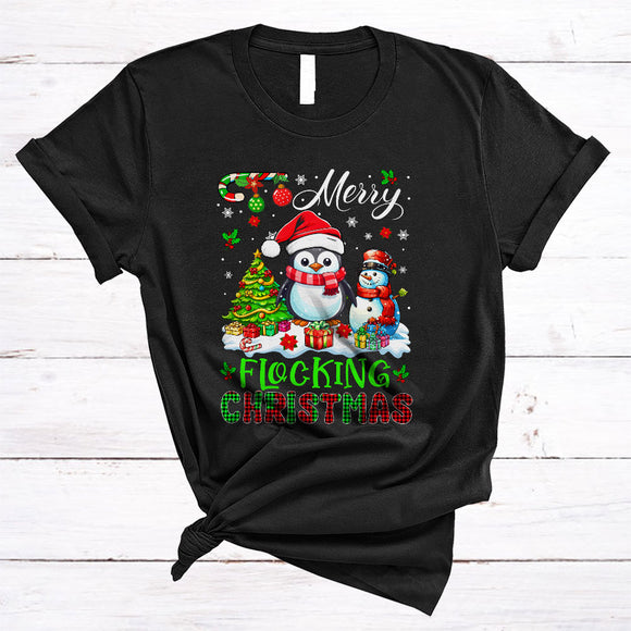MacnyStore - Merry Flocking Christmas, Colorful Plaid X-mas Santa Penguin, Christmas Tree Snowman T-Shirt