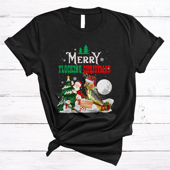 MacnyStore - Merry Flocking Christmas, Cute Santa Cockatiel Bird Snowman Lover, X-mas Tree Snow Around T-Shirt