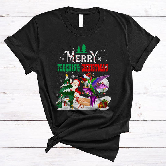 MacnyStore - Merry Flocking Christmas, Cute Santa Hummingbird Bird Snowman Lover, X-mas Tree Snow Around T-Shirt