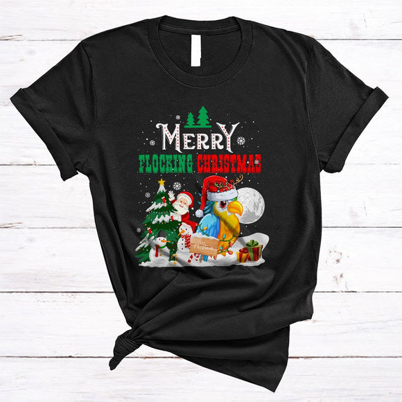 MacnyStore - Merry Flocking Christmas, Cute Santa Macaw Bird Snowman Lover, X-mas Tree Snow Around T-Shirt