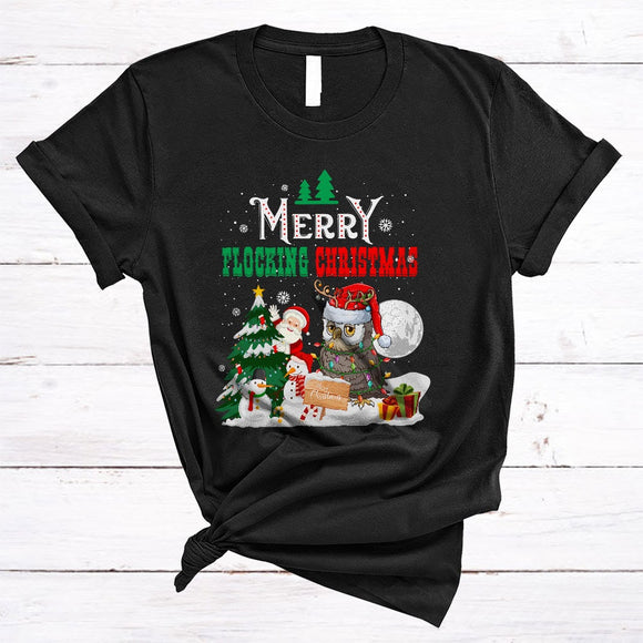 MacnyStore - Merry Flocking Christmas, Cute Santa Owl Bird Snowman Lover, X-mas Tree Snow Around T-Shirt