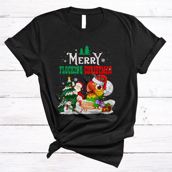 MacnyStore - Merry Flocking Christmas, Cute Santa Parrot Bird Snowman Lover, X-mas Tree Snow Around T-Shirt