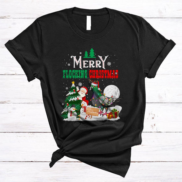 MacnyStore - Merry Flocking Christmas, Cute Santa Pigeon Bird Snowman Lover, X-mas Tree Snow Around T-Shirt
