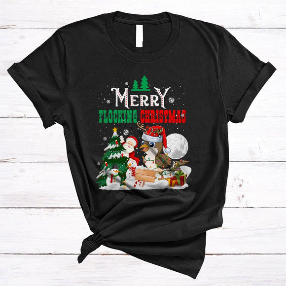 MacnyStore - Merry Flocking Christmas, Cute Santa Sparrow Bird Snowman Lover, X-mas Tree Snow Around T-Shirt