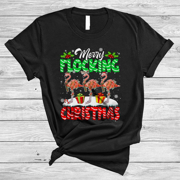 MacnyStore - Merry Flocking Christmas, Cute Three X-mas Flamingo Birds, Snow Matching Bird Animal Lover T-Shirt