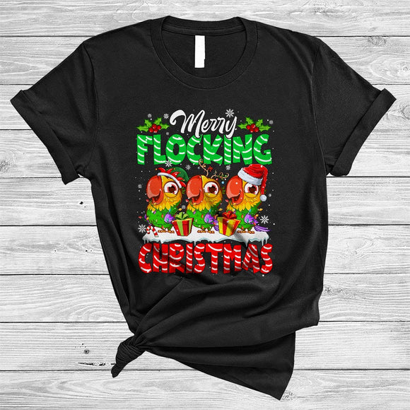 MacnyStore - Merry Flocking Christmas, Cute Three X-mas Parrot Birds, Snow Matching Bird Animal Lover T-Shirt