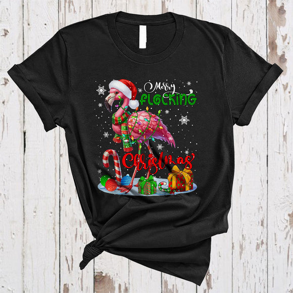 MacnyStore - Merry Flocking Christmas, Wonderful X-mas Lights Santa Flamingo, X-mas Women Family Group T-Shirt