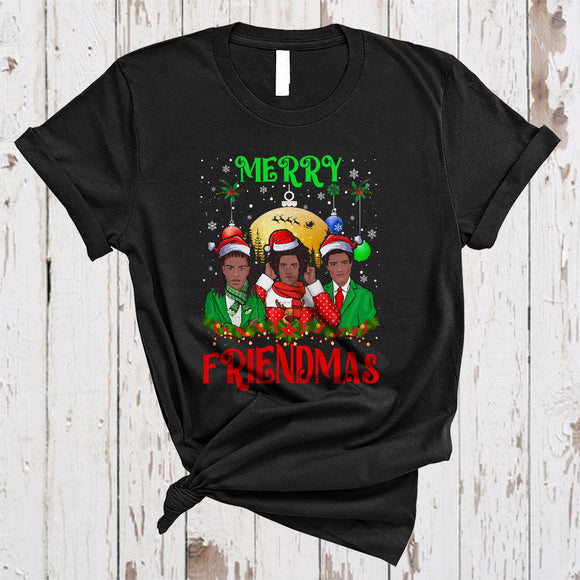 MacnyStore - Merry Friendmas, Joyful Christmas Three Santa African Men Afro Black, X-mas Friend Group T-Shirt