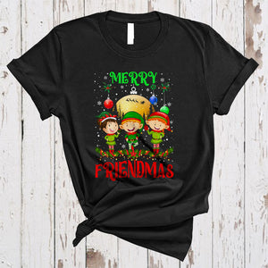 MacnyStore - Merry Friendmas, Joyful Christmas Three Santa ELF Lover, Snow Around X-mas Friend Group T-Shirt
