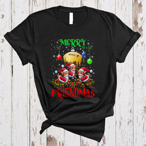 MacnyStore - Merry Friendmas, Joyful Christmas Three Santa Reindeer, Snow Around X-mas Friend Group T-Shirt