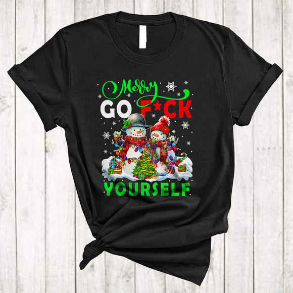 MacnyStore - Merry Go F*ck Yourself, Humorous Christmas Couple Snowman, X-mas Lights Naughty Adult Snow T-Shirt