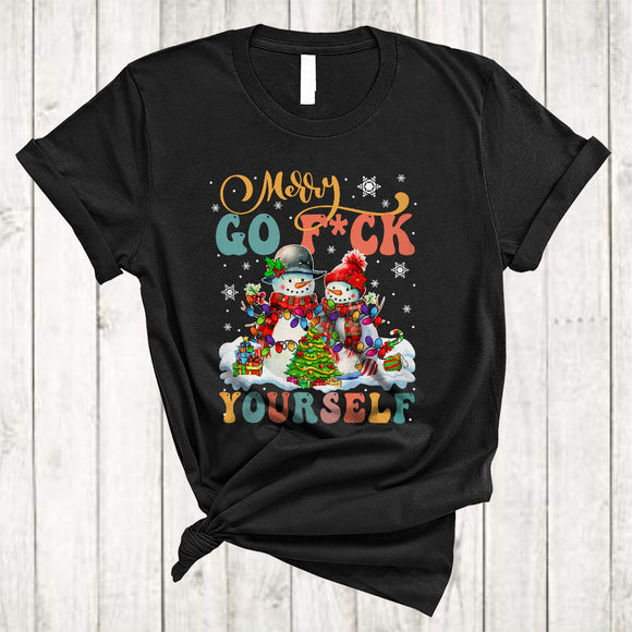 MacnyStore - Merry Go F*ck Yourself, Sarcastic Christmas Couple Snowman, X-mas Lights Naughty Adult Snow T-Shirt