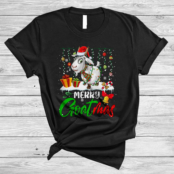 MacnyStore - Merry Goatmas, Colorful Christmas Santa Goat, X-mas Lights Snow Farm Farmer T-Shirt