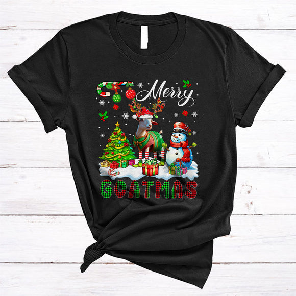 MacnyStore - Merry Goatmas, Colorful Plaid X-mas Tree Snowman, Christmas Animal Santa Goat Farmer Lover T-Shirt