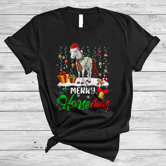 MacnyStore - Merry Horsemas, Colorful Christmas Santa Horse, X-mas Lights Snow Farm Farmer T-Shirt