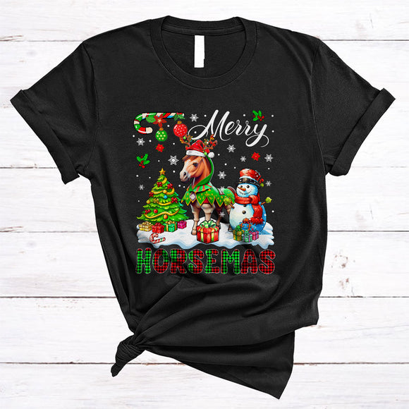 MacnyStore - Merry Horsemas, Colorful Plaid X-mas Tree Snowman, Christmas Animal Santa Horse Farmer Lover T-Shirt
