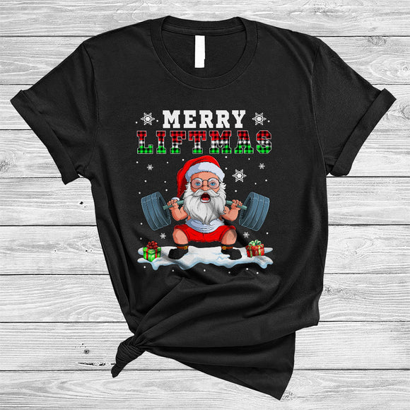 MacnyStore - Merry Liftmas, Adorable Plaid Christmas Santa Weightlifting, Matching X-mas Fitness Workout T-Shirt