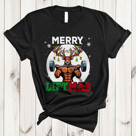 MacnyStore - Merry Liftmas, Joyful Christmas Reindeer Weightlifting Lover, X-mas Lights Workout Squad T-Shirt