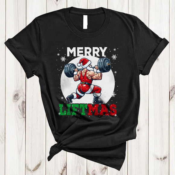 MacnyStore - Merry Liftmas, Joyful Christmas Santa Weightlifting Lover, X-mas Lights Workout Squad T-Shirt
