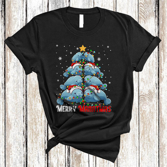 MacnyStore - Merry Manatmas, Cheerful Santa Manatee Christmas Tree, Animal Lover Matching X-mas Lights T-Shirt