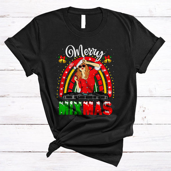MacnyStore - Merry Mixmas, Joyful Humorous Christmas Women Santa DJ Dancer, Snow X-mas Rainbow T-Shirt