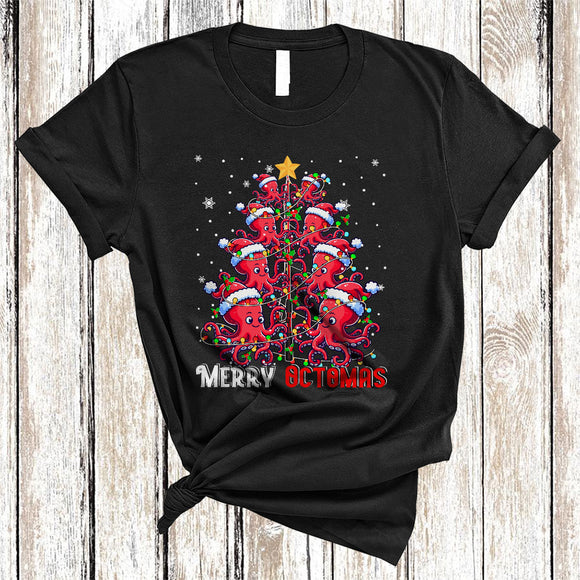 MacnyStore - Merry Octomas, Cheerful Santa Octopus Christmas Tree, Animal Lover Matching X-mas Lights T-Shirt