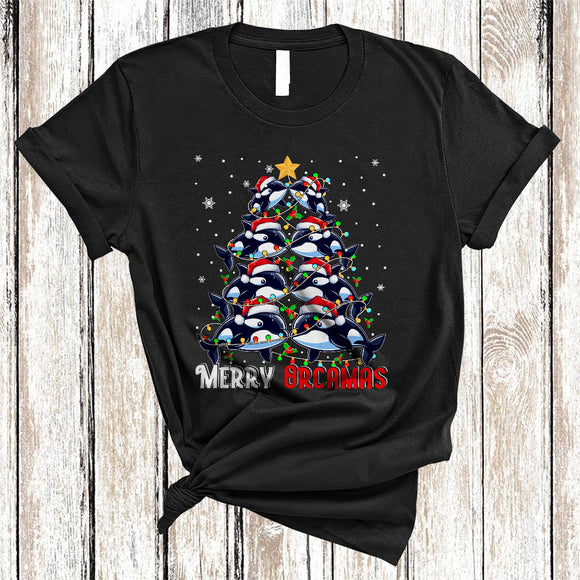 MacnyStore - Merry Orcamas, Cheerful Santa Orca Christmas Tree, Animal Lover Matching X-mas Lights T-Shirt