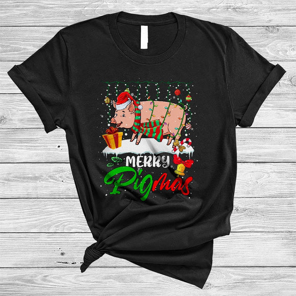 MacnyStore - Merry Pigmas, Colorful Christmas Santa Pig, X-mas Lights Snow Farm Farmer T-Shirt
