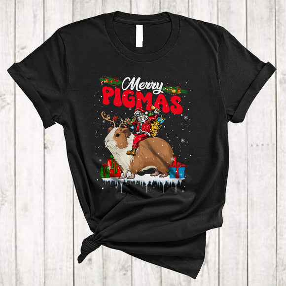 MacnyStore - Merry Pigmas, Humorous Christmas Lights Santa Riding Guinea Pig Reindeer, X-mas Animal Lover T-Shirt