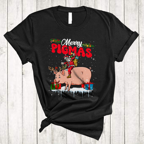 MacnyStore - Merry Pigmas, Humorous Christmas Lights Santa Riding Pig Reindeer, X-mas Animal Lover T-Shirt