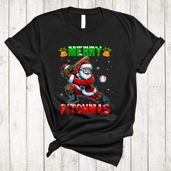 MacnyStore - Merry Pitchmas, Cool Wonderful Christmas Santa Playing Baseball, Pitcher Sport X-mas Team T-Shirt
