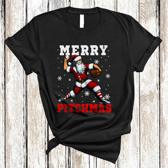 MacnyStore - Merry Pitchmas, Sarcastic Christmas Santa Playing Baseball, Pitcher Player Sport Team X-mas T-Shirt